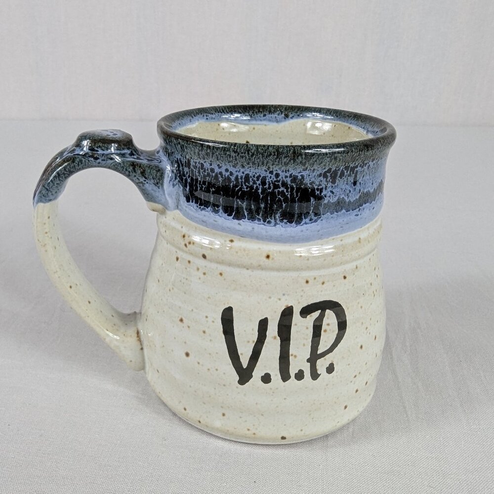 Clay In Mind V.I.P Coffee Mug Very Important Person Blue Black White Stoneware